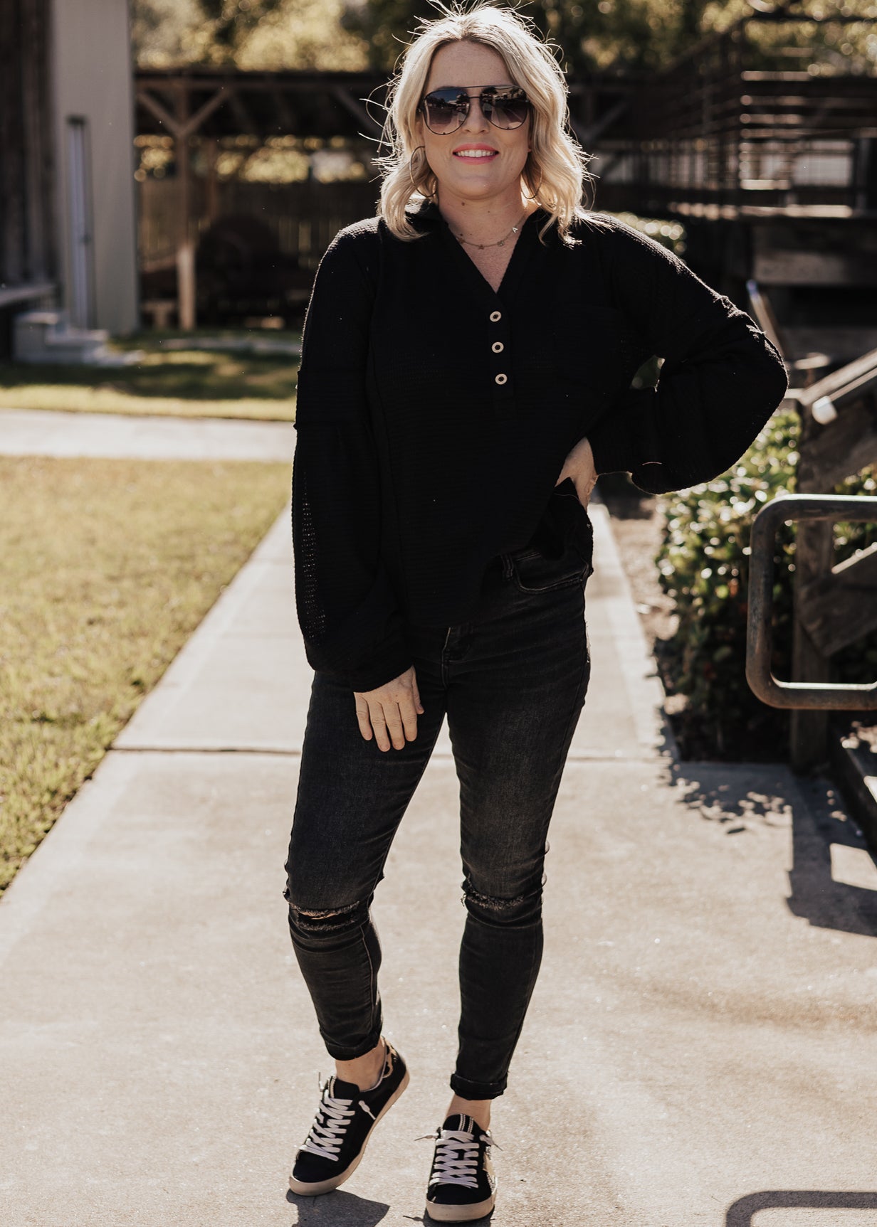 Griffin Waffle Hooded Top *BLACK