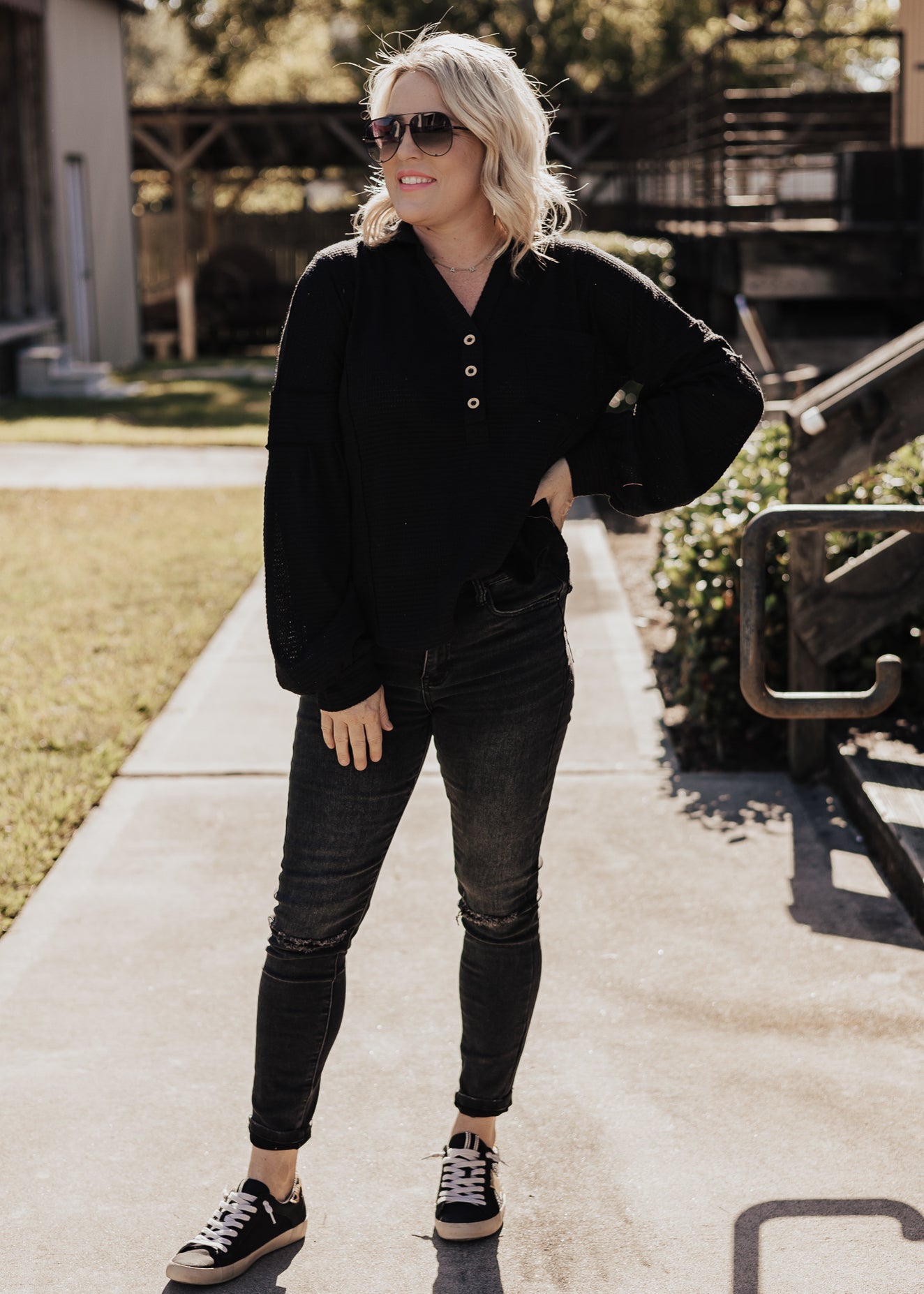 Griffin Waffle Hooded Top *BLACK