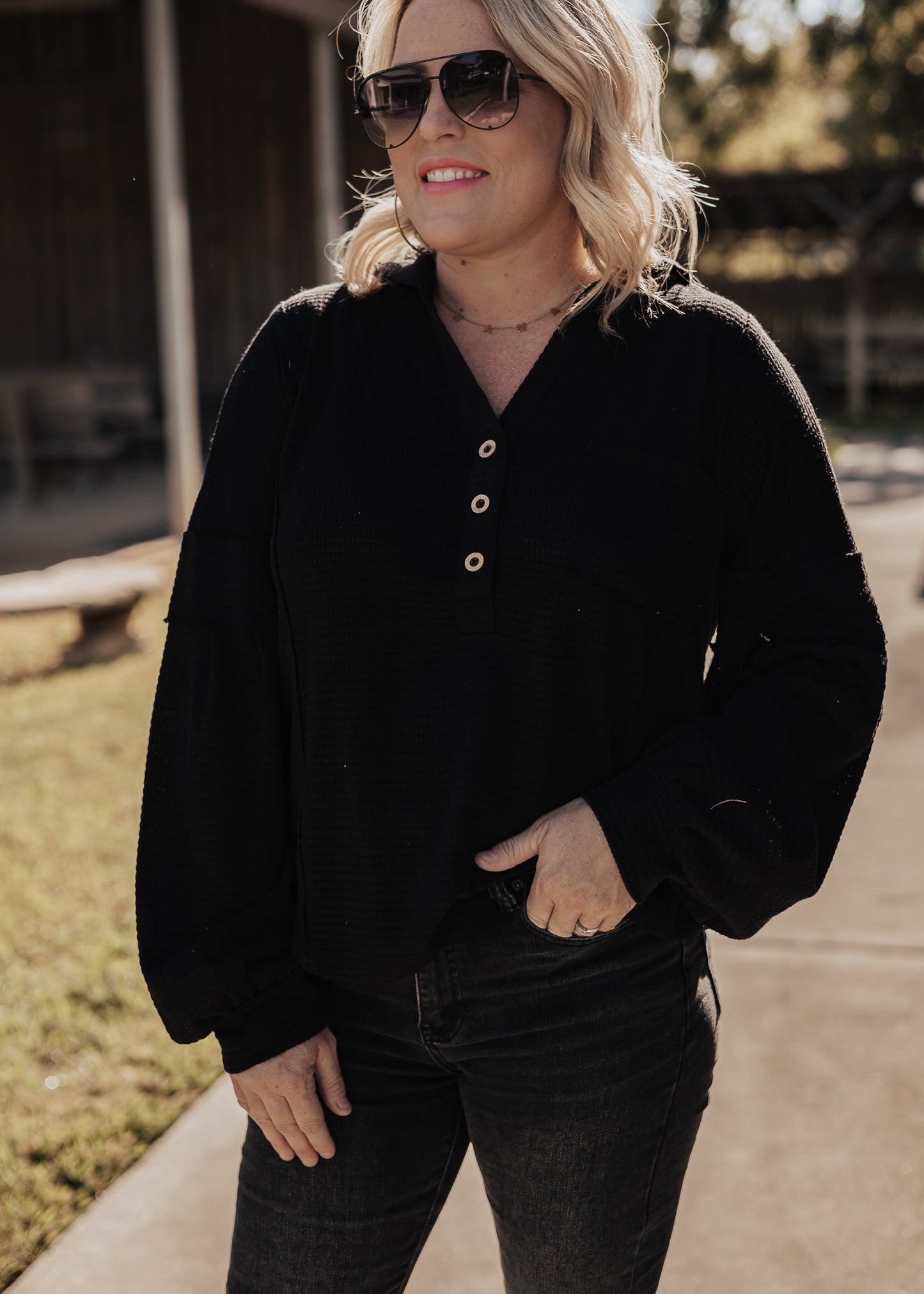 Griffin Waffle Hooded Top *BLACK