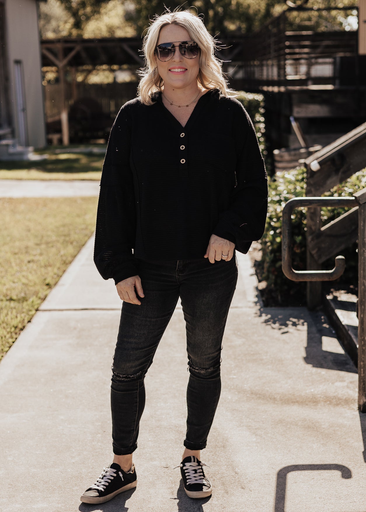 Griffin Waffle Hooded Top *BLACK