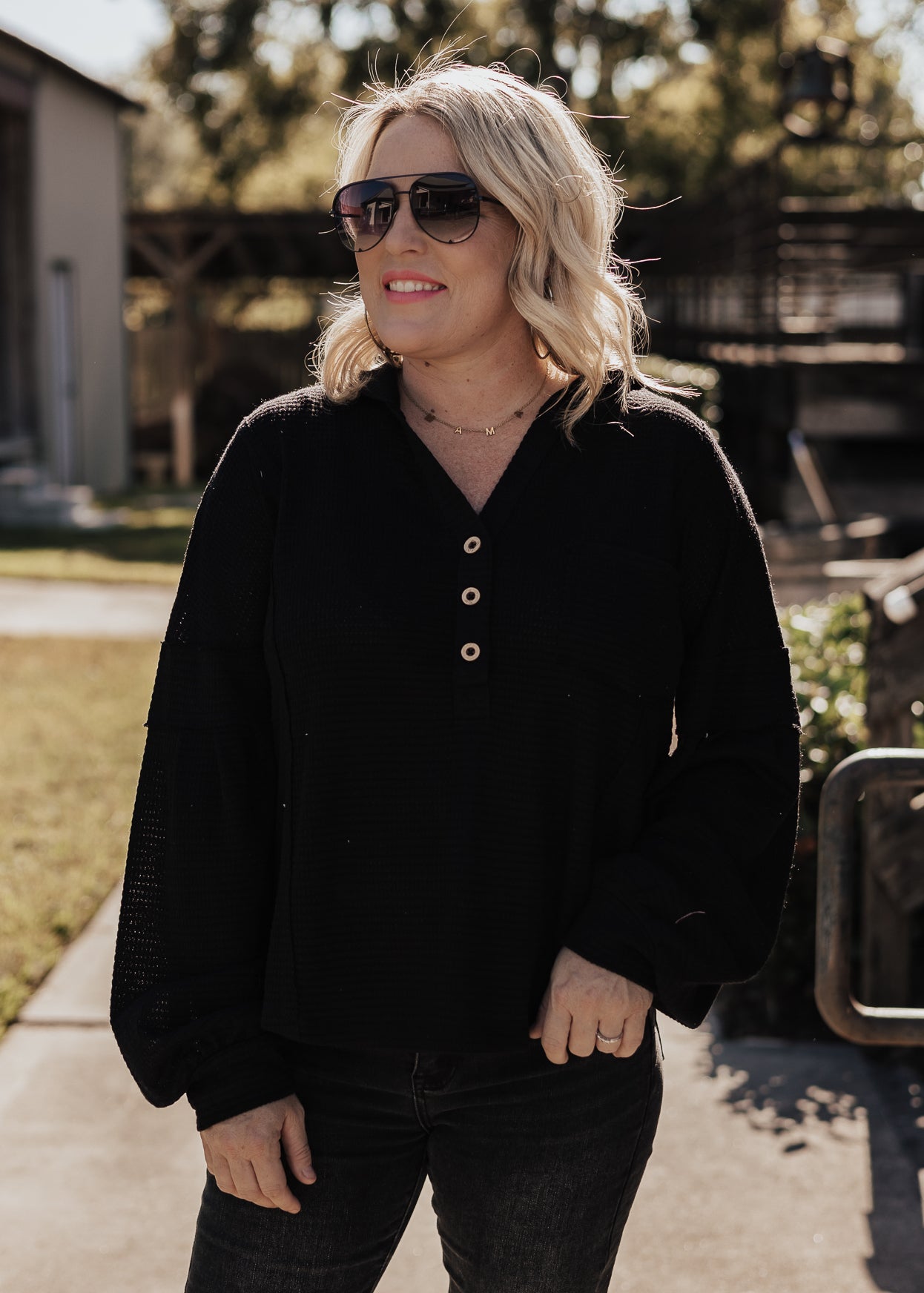 Griffin Waffle Hooded Top *BLACK