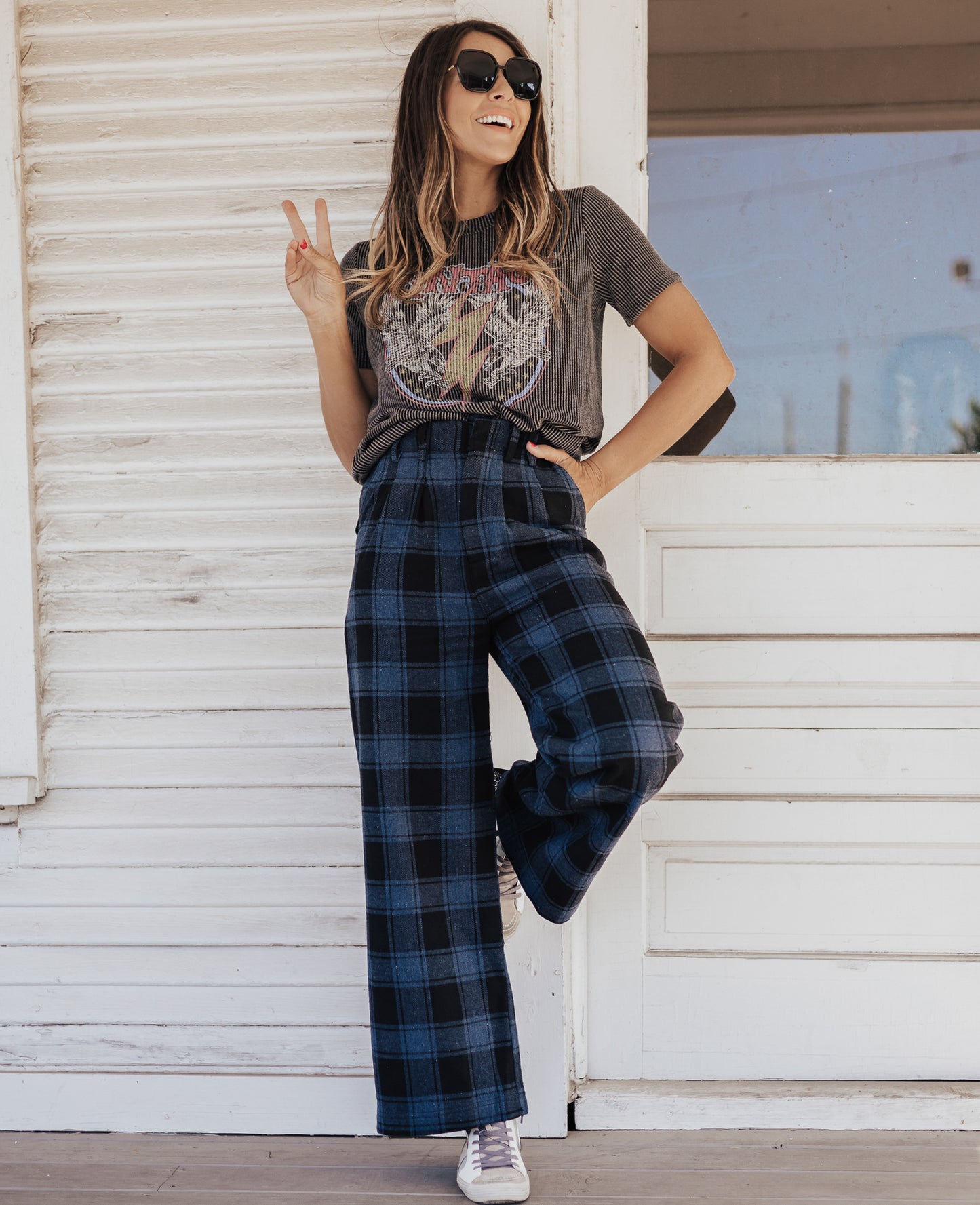 MEDIUM: Wide Leg Plaid Pants *BLACK/BLUE