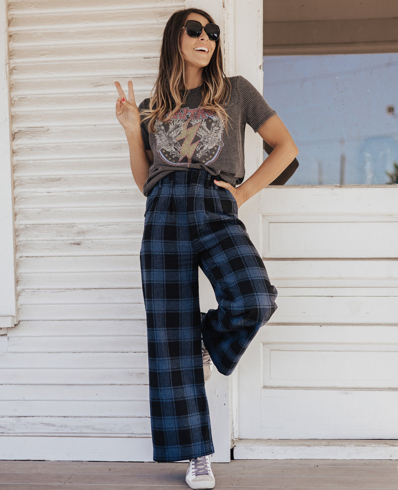 Wide Leg Plaid Pants *BLACK/BLUE