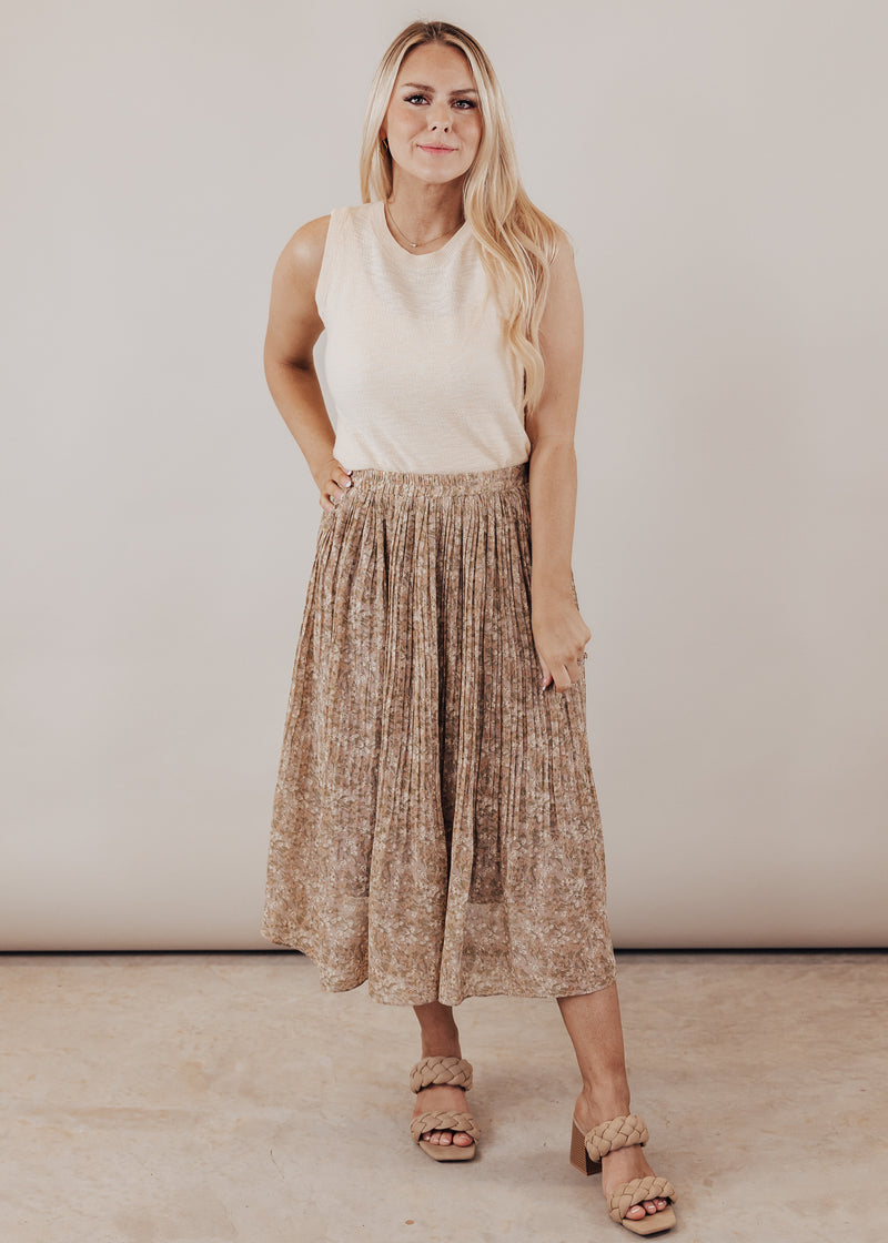 Pleated Taupe Floral Skirt (S-2X)