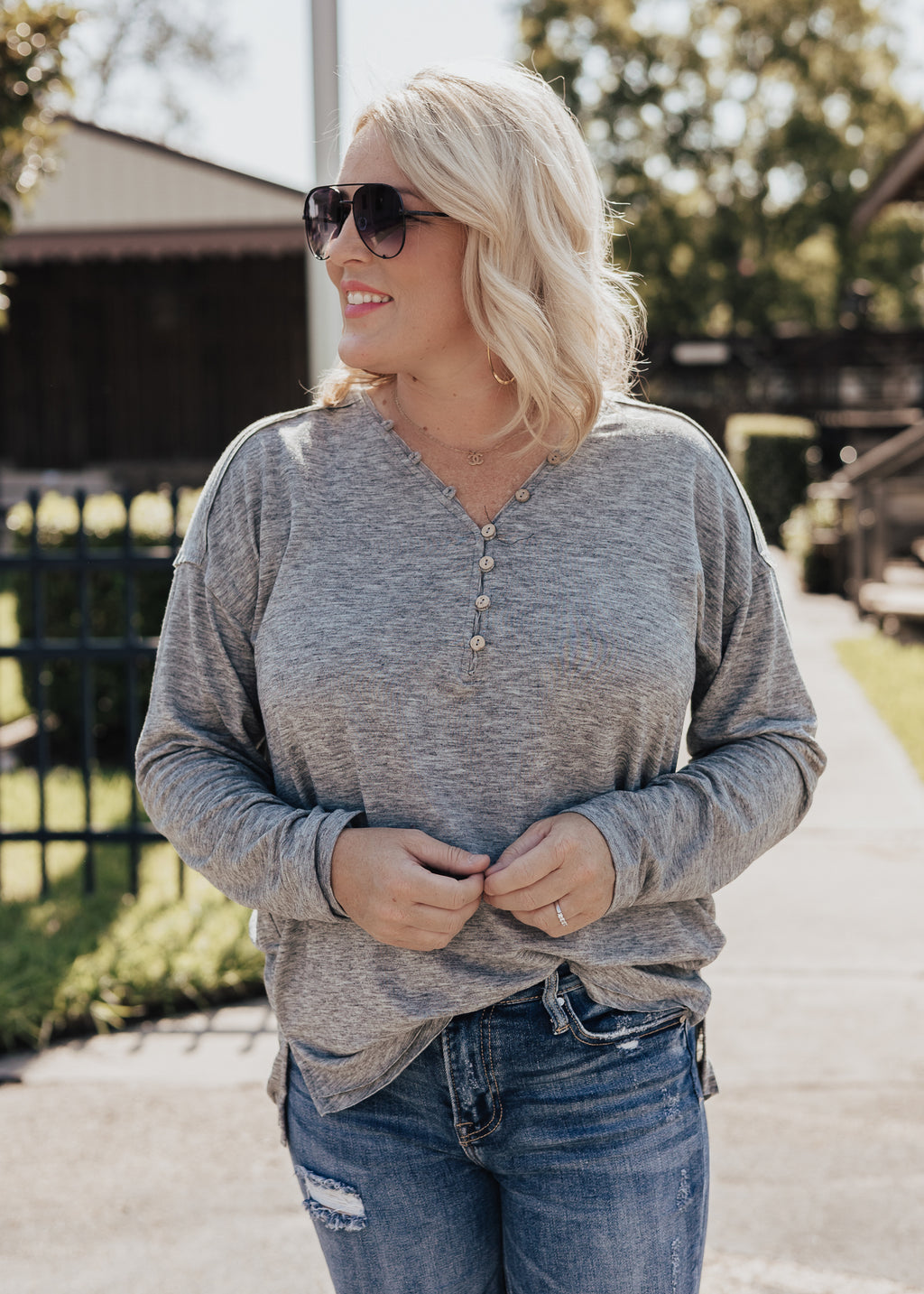 SMALL: Mindy Button Top *HEATHER GREY