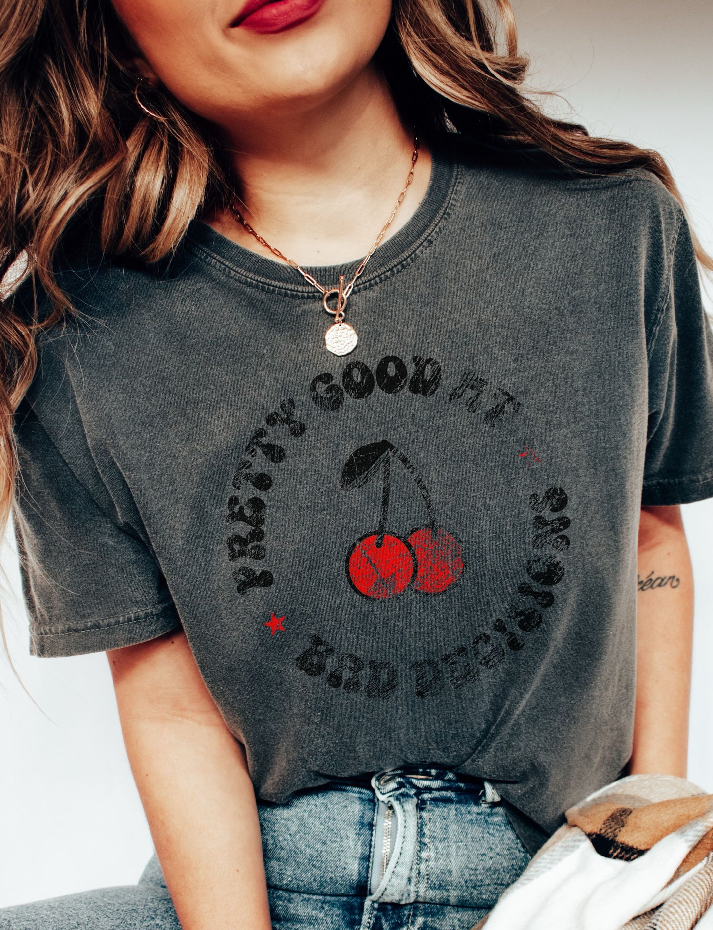 Bad Decisions Cherry Tee *Pepper (S-3X)