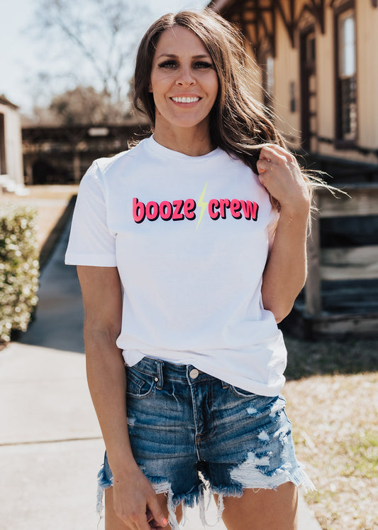 SMALL: Booze Crew Lightning Bolt Tee *White (S-3X)