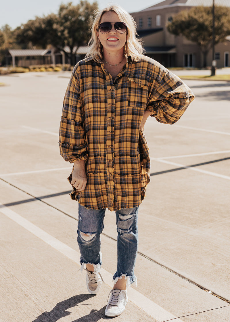 Washed Plaid Button Down Tunic (CAN FIT XL) *MUSTARD