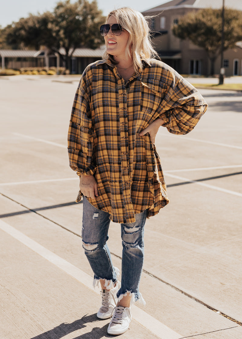 Washed Plaid Button Down Tunic (CAN FIT XL) *MUSTARD