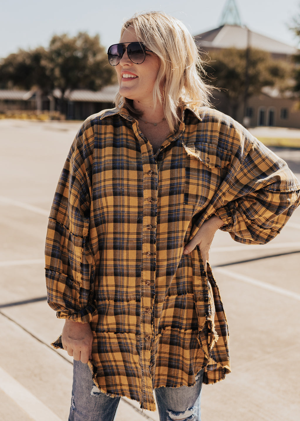 SMALL: Washed Plaid Button Down Tunic (CAN FIT XL) *MUSTARD