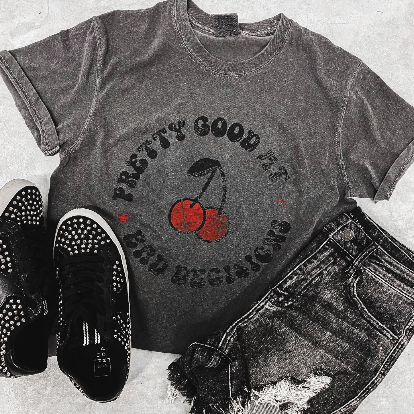 Bad Decisions Cherry Tee *Pepper (S-3X)