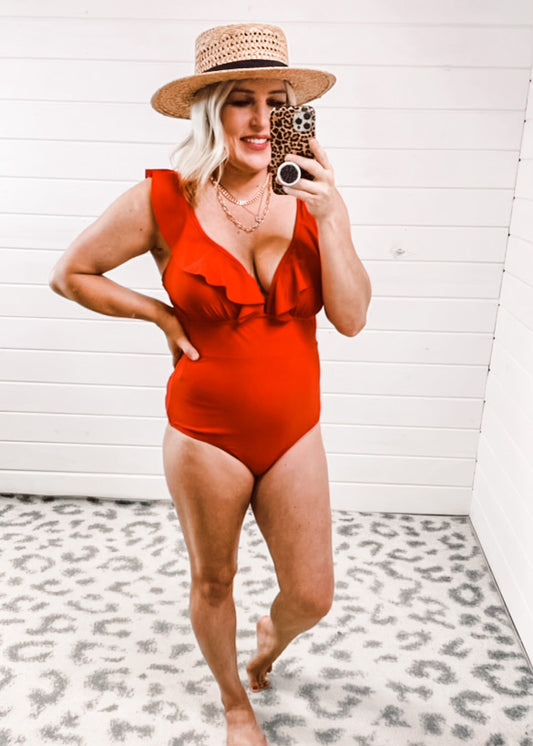 SMALL: Red Hot Ruffle Swimsuit (S-3X)